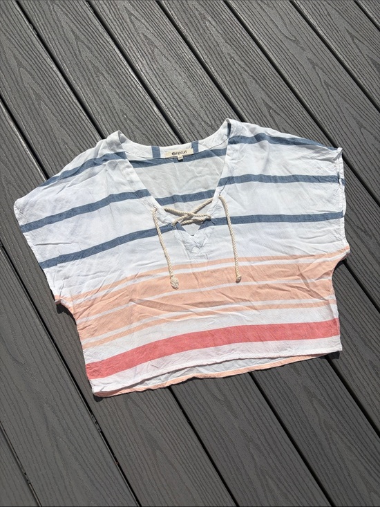 Rip Curl Tops - Ripcurl Striped Lace-Up Crop Top in White, Blue, Peach & Coral